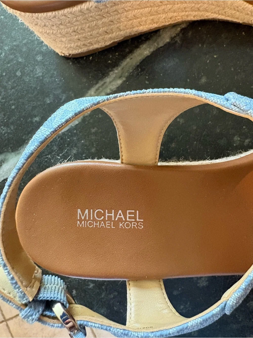 Michael Kors Blue Monogram T-Strap Thong Sandals